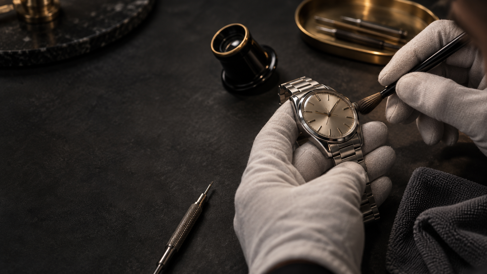 Restauration délicate d’une montre sur un établi sombre